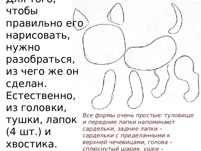 Для того, чтобы правильно его нарисовать, нужно разобраться, из чего же он сделан. Естественно, из головки, тушки, лапок (4 шт.) и хвостика. Все формы очень простые: туловище и передние лапки напоминают сардельки, задние лапки – сардельки с приделанными к верхней чечевицами, голова – сплюснутый шарик, ушки – закругленные треугольники. 