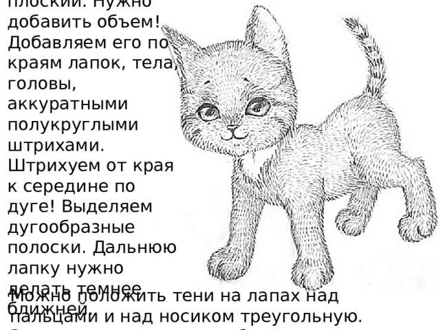 Шерстяной, но плоский. Нужно добавить объем! Добавляем его по краям лапок, тела, головы, аккуратными полукруглыми штрихами. Штрихуем от края к середине по дуге! Выделяем дугообразные полоски. Дальнюю лапку нужно делать темнее ближней. Можно положить тени на лапах над пальцами и над носиком треугольную. Закрашиваем ушки в глубине. 