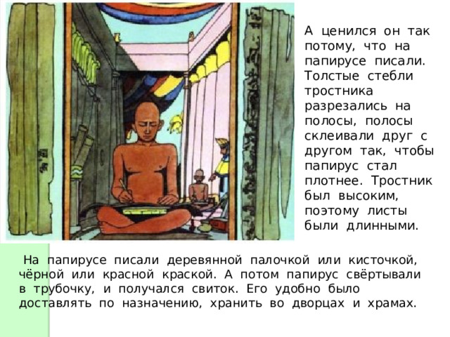 А ценился он так потому, что на папирусе писали. Толстые стебли тростника разрезались на полосы, полосы склеивали друг с другом так, чтобы папирус стал плотнее. Тростник был высоким, поэтому листы были длинными.  На папирусе писали деревянной палочкой или кисточкой, чёрной или красной краской. А потом папирус свёртывали в трубочку, и получался свиток. Его удобно было доставлять по назначению, хранить во дворцах и храмах.  На папирусе писали деревянной палочкой или кисточкой, чёрной или красной краской. А потом папирус свёртывали в трубочку, и получался свиток. Его удобно было доставлять по назначению, хранить во дворцах и храмах. 