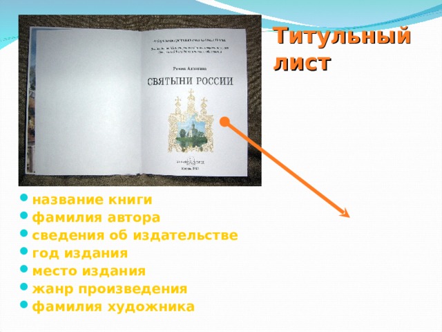 Титульный лист название книги фамилия автора сведения об издательстве год издания место издания жанр произведения фамилия художника  