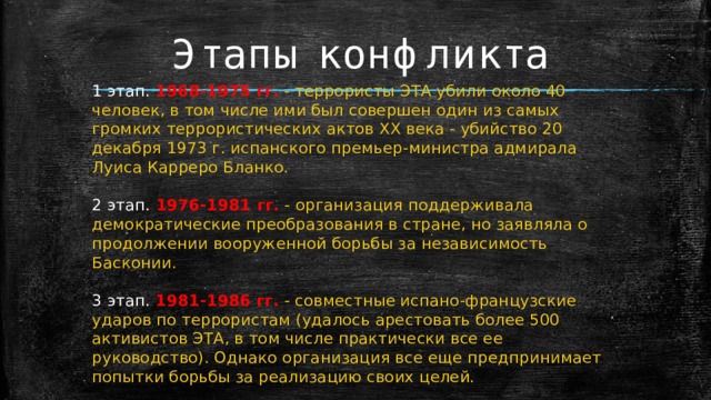 Этапы конфликта 1 этап. 1968-1975 гг.  - террористы ЭТА убили около 40 человек, в том числе ими был совершен один из самых громких террористических актов XX века - убийство 20 декабря 1973 г. испанского премьер-министра адмирала Луиса Карреро Бланко. 2 этап.  1976-1981 гг.  - организация поддерживала демократические преобразования в стране, но заявляла о продолжении вооруженной борьбы за независимость Басконии. 3 этап. 1981-1986 гг.  -  совместные испано-французские ударов по террористам (удалось арестовать более 500 активистов ЭТА, в том числе практически все ее руководство). Однако организация все еще предпринимает попытки борьбы за реализацию своих целей. 
