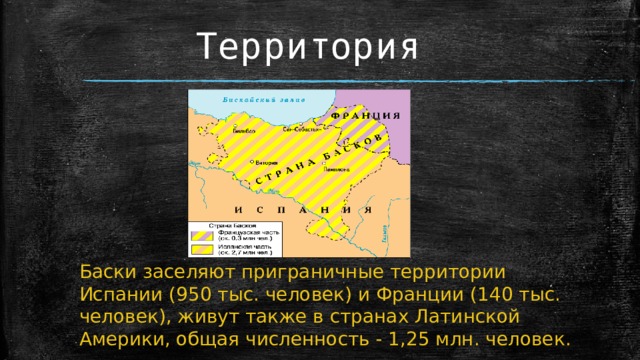 Территория Баски заселяют приграничные территории Испании (950 тыс. человек) и Франции (140 тыс. человек), живут также в странах Латинской Америки, общая численность - 1,25 млн. человек. 