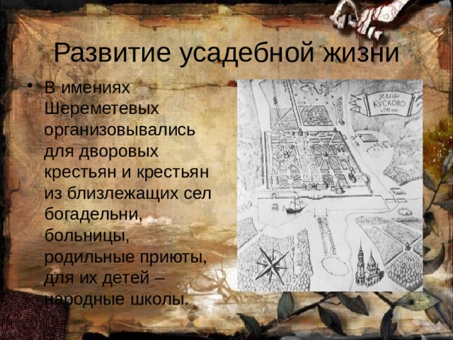 Развитие усадебной жизни В имениях Шереметевых организовывались для дворовых крестьян и крестьян из близлежащих сел богадельни, больницы, родильные приюты, для их детей – народные школы. 