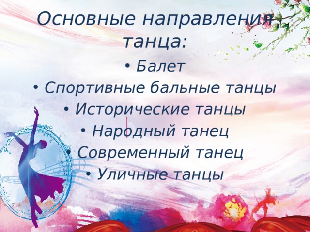 Основные направления танца: Балет Спортивные бальные танцы Исторические танцы Народный танец Современный танец Уличные танцы 