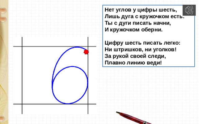 Нет углов у цифры шесть,  Лишь дуга с кружочком есть.  Ты с дуги писать начни,  И кружочком оберни.   Цифру шесть писать легко:  Ни штришков, ни уголков!  За рукой своей следи,  Плавно линию веди! 