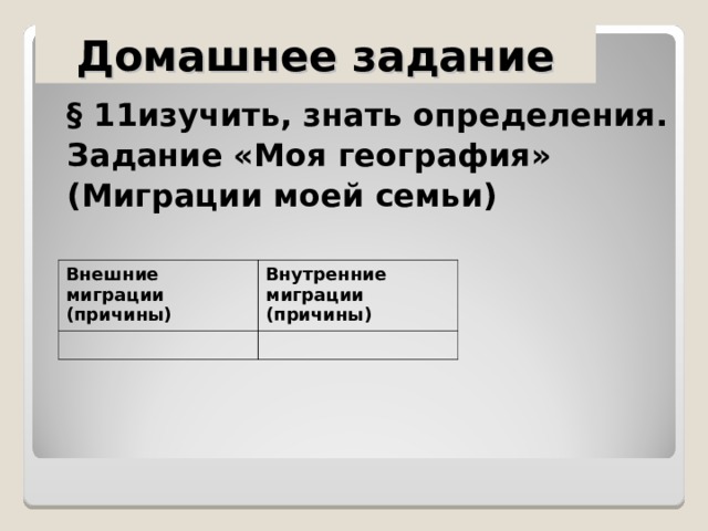 Домашнее задание § 11изучить, знать определения. Задание «Моя география» (Миграции моей семьи) Внешние миграции (причины) Внутренние миграции (причины) 