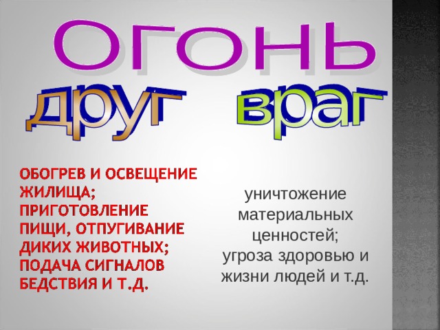 уничтожение материальных ценностей;  угроза здоровью и жизни людей и т.д. 