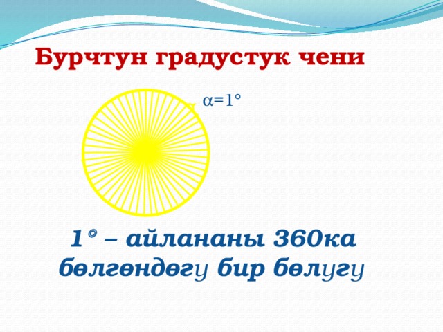 Бурчтун градустук чени  =1  1  – айлананы 360ка бөлгөндөгү бир бөлүгү 