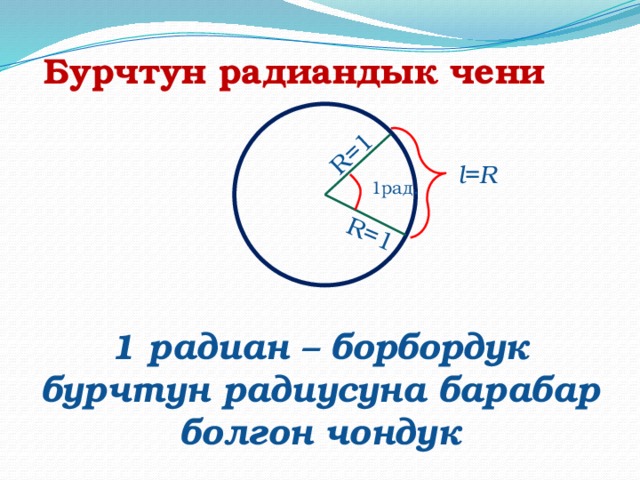 R=1 R=1 Бурчтун радиандык чени l=R 1рад. 1 радиан – борбордук бурчтун радиусуна барабар болгон чондук 