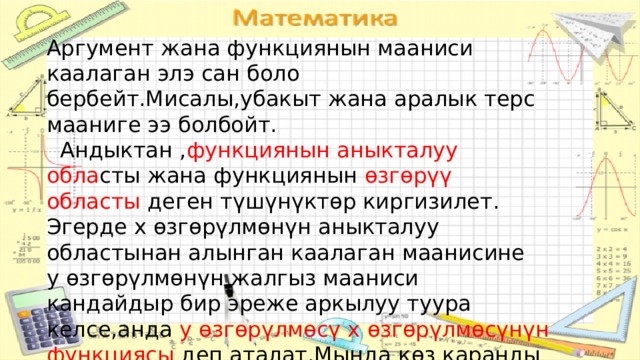 Аргумент жана функциянын мааниси каалаган элэ сан боло бербейт.Мисалы,убакыт жана аралык терс мааниге ээ болбойт.  Андыктан , функциянын аныкталуу обла сты жана функциянын өзгөрүү областы деген түшүнүктөр киргизилет. Эгерде х өзгөрүлмөнүн аныкталуу областынан алынган каалаган маанисине y өзгөрүлмөнүн жалгыз мааниси кандайдыр бир эреже аркылуу туура келсе,анда y өзгөрүлмөсү x өзгөрүлмөсүнүн функциясы деп аталат.Мында көз каранды эмес x өзгөрүлмө функциясынын аргументи деп аталат . 