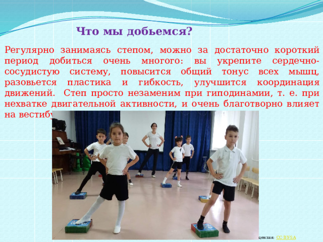 Что мы добьемся? Регулярно занимаясь степом, можно за достаточно короткий период добиться очень многого: вы укрепите сердечно-сосудистую систему, повысится общий тонус всех мышц, разовьется пластика и гибкость, улучшится координация движений. Степ просто незаменим при гиподинамии, т. е. при нехватке двигательной активности, и очень благотворно влияет на вестибулярный аппарат. Эта фотография , автор: Неизвестный автор, лицензия: CC BY-SA 
