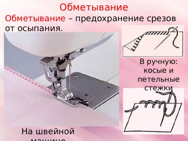 Обметывание Обметывание – предохранение срезов от осыпания. В ручную: косые и петельные стежки На швейной машине 