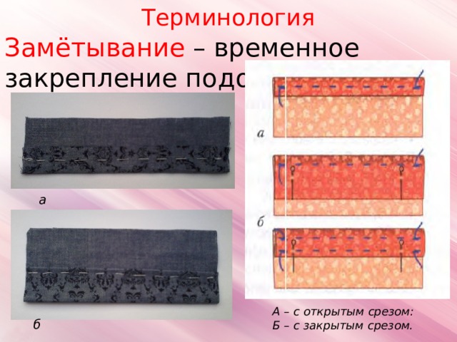 Терминология Замётывание – временное закрепление подогнутого края. а А – с открытым срезом: Б – с закрытым срезом. б 