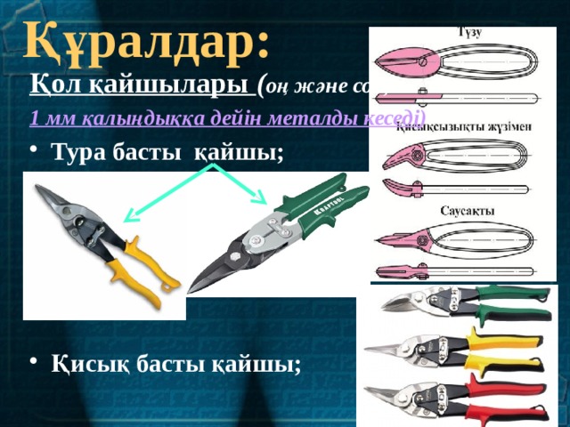 Құралдар: Қол қайшылары ( оң және сол, 1 мм қалыңдыққа дейін металды кеседі ) : Тура басты қайшы;      Қисық басты қайшы; 