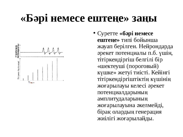 «Бәрі немесе ештеңе» заңы Суретте «бәрі немесе ештеңе» типі бойынша жауап берілген. Нейрондарда әрекет потенциалы п.б. үшін, тітіркендіргіш белгілі бір «шектеуші (пороговый) күшке» жетуі тиісті. Кейінгі тітіркендіргіштіктің күшінің жоғарылауы келесі әрекет потенциалдарының амплитудаларының жоғарылауына әкелмейді, бірақ олардың генерация жиілігі жоғарылайды. 