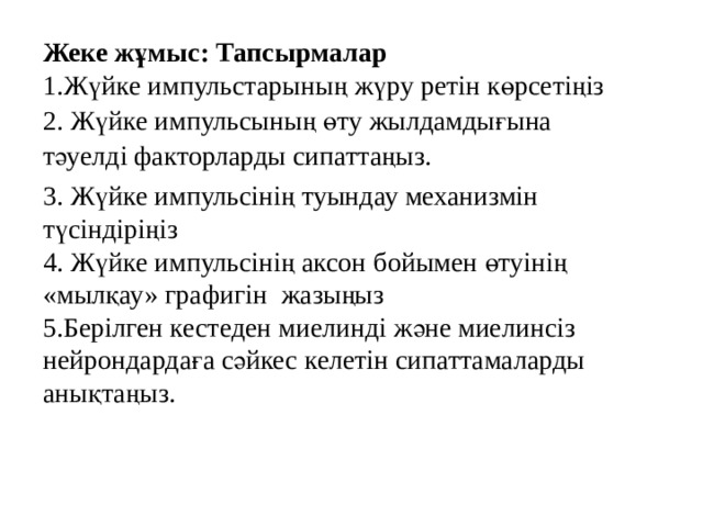 Жеке жұмыс: Тапсырмалар 1.Жүйке импульстарының жүру ретін көрсетіңіз 2. Жүйке импульсының өту жылдамдығына тәуелді факторларды сипаттаңыз. 3. Жүйке импульсінің туындау механизмін түсіндіріңіз 4. Жүйке импульсінің аксон бойымен өтуінің «мылқау» графигін жазыңыз 5. Берілген кестеден миелинді және миелинсіз нейрондардаға сәйкес келетін сипаттамаларды анықтаңыз. 