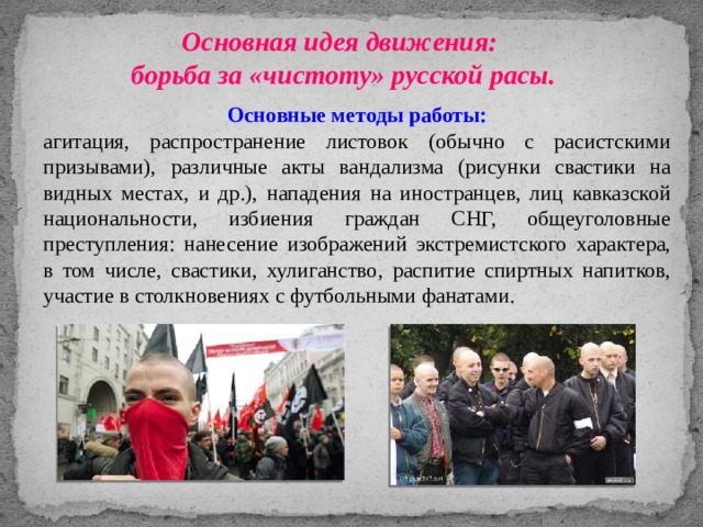 Основная идея движения: борьба за «чистоту» русской расы. Основные методы работы: агитация, распространение листовок (обычно с расистскими призывами), различные акты вандализма (рисунки свастики на видных местах, и др.), нападения на иностранцев, лиц кавказской национальности, избиения граждан СНГ, общеуголовные преступления: нанесение изображений экстремистского характера, в том числе, свастики, хулиганство, распитие спиртных напитков, участие в столкновениях с футбольными фанатами. 