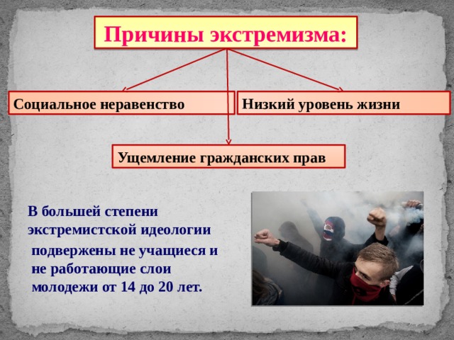Причины экстремизма: Социальное неравенство Низкий уровень жизни Ущемление гражданских прав В большей степени экстремистской идеологии подвержены не учащиеся и не работающие слои молодежи от 14 до 20 лет. 