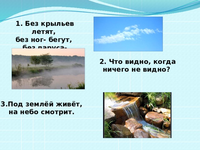 1. Без крыльев летят, без ног- бегут, без паруса- плывут. 2. Что видно, когда ничего не видно? 3.Под землёй живёт, на небо смотрит.  