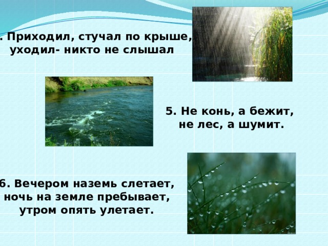4. Приходил, стучал по крыше, уходил- никто не слышал 5. Не конь, а бежит, не лес, а шумит. 6. Вечером наземь слетает, ночь на земле пребывает, утром опять улетает. 
