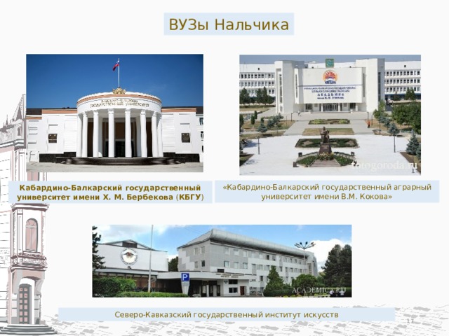 ВУЗы Нальчика «Кабардино-Балкарский государственный аграрный университет имени В.М. Кокова» Кабардино-Балкарский государственный университет имени Х. М. Бербекова  ( КБГУ ) Северо-Кавказский государственный институт искусств  