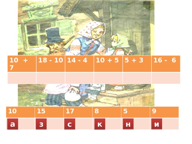 10 + 7 18 - 10 14 - 4 10 + 5 5 + 3 16 - 6 10 а 15 17 з 8 с к 5 н 9 р к с з а а к и н с з а к