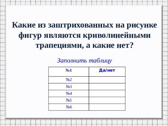 Какие из заштрихованных на рисунке фигур являются криволинейными трапециями, а какие нет? Заполнить таблицу № 1 № 2 Да/нет № 3 № 4 № 5 № 6 Задание для заполнения таблицы на следующем слайде  