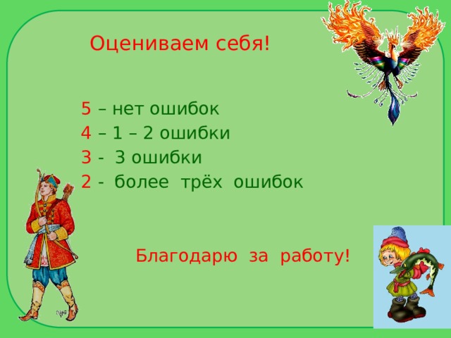 Оцениваем себя! 5  – нет ошибок 4  – 1 – 2 ошибки 3 - 3 ошибки 2 - более трёх ошибок Благодарю за работу! 