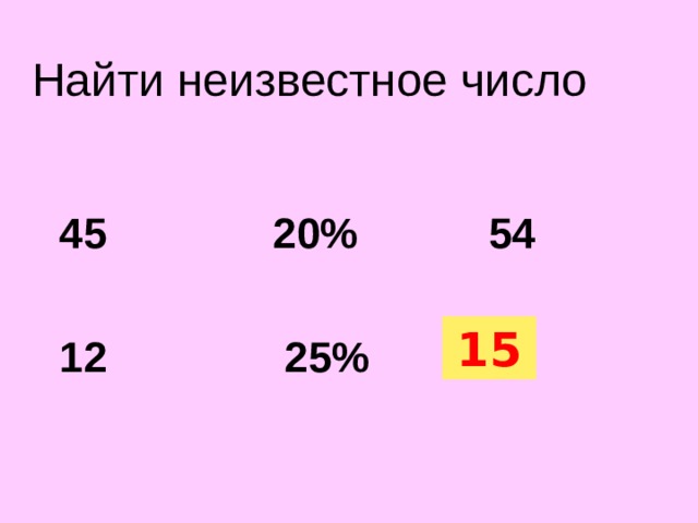Найти неизвестное число  45 20% 54  12 25% ?  15 12+0,25*12  
