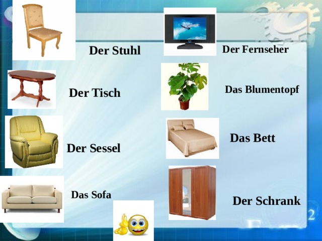 Der Stuhl Der Fernseher Das Blumentopf Der Tisch Das Bett Der Sessel Das Sofa Der Schrank 