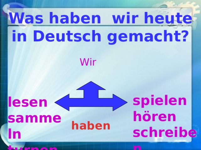 Was haben wir heute in Deutsch gemacht? Wir spielen h ören schreiben lesen sammeln turnen haben 