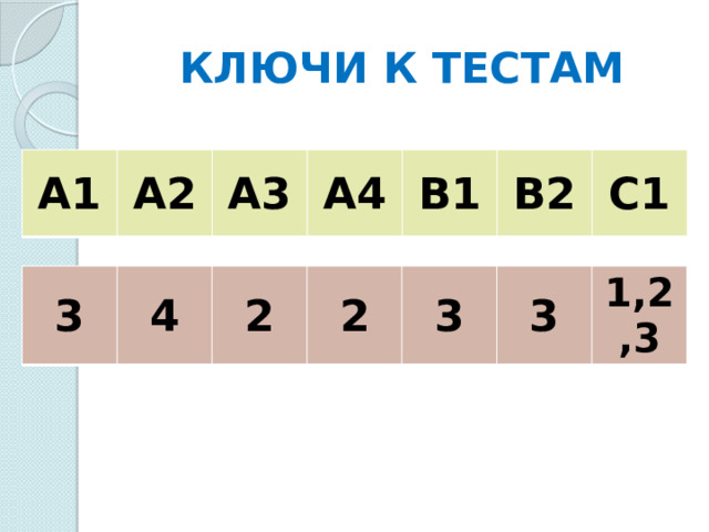 КЛЮЧИ К ТЕСТАМ А1 А2 А3 А4 В1 В2 С1 3 4 2 2 3 3 1,2,3 
