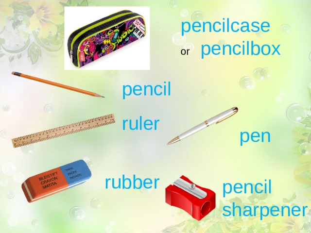 pencilcase or pencilbox pencil ruler pen rubber pencil sharpener 