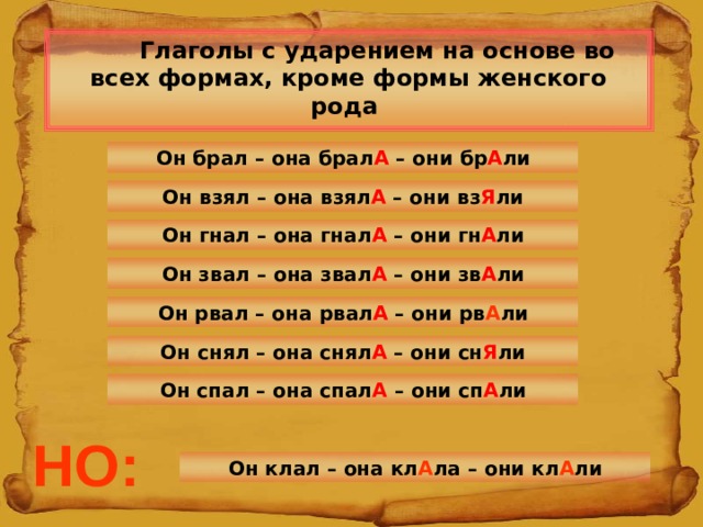  Глаголы с ударением на основе во всех формах, кроме формы женского рода Он брал – она брал А – они бр А ли Он взял – она взял А – они вз Я ли Он гнал – она гнал А – они гн А ли Он звал – она звал А – они зв А ли Он рвал – она рвал А – они рв А ли Он снял – она снял А – они сн Я ли Он спал – она спал А – они сп А ли НО: Он клал – она кл А ла – они кл А ли 