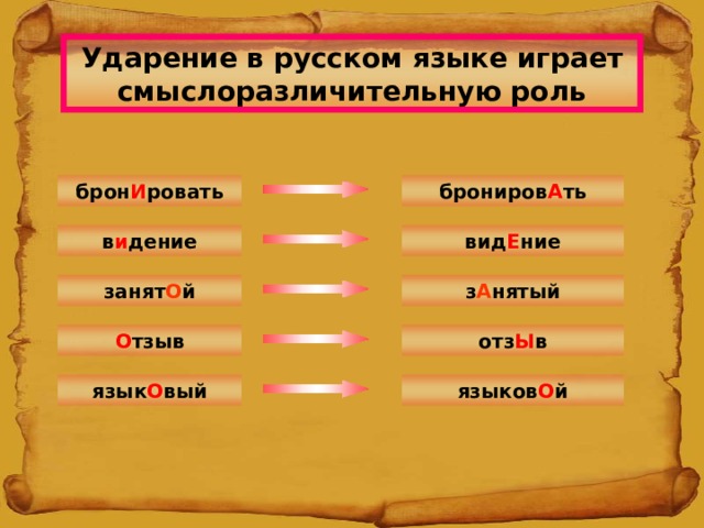 Ударение в русском языке играет смыслоразличительную роль брон И ровать брониров А ть в и дение вид Е ние занят О й з А нятый О тзыв отз Ы в язык О вый языков О й 