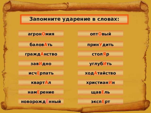 Запомните ударение в словах: опт О вый агрон О мия прин У дить балов А ть стол Я р гражд А нство углуб И ть зав И дно исч Е рпать ход А тайство христиан И н кварт А л щав Е ль нам Е рение новорожд Ё нный эксп Е рт 