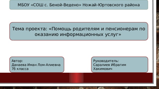 МБОУ «СОШ с. Беной-Ведено» Ножай-Юртовского района Тема проекта: «Помощь родителям и пенсионерам по оказанию информационных услуг» Автор: Руководитель: Данаева Иман Лом-Алиевна Саралиев Ибрагим Хакимович  7б класса 