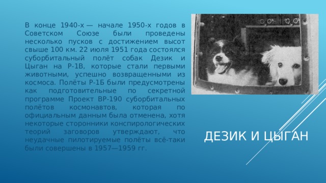 В конце 1940-х — начале 1950-х годов в Советском Союзе были проведены несколько пусков с достижением высот свыше 100 км. 22 июля 1951 года состоялся суборбитальный полёт собак Дезик и Цыган на Р-1В, которые стали первыми животными, успешно возвращенными из космоса. Полёты Р-1Б были предусмотрены как подготовительные по секретной программе Проект ВР-190 суборбитальных полётов космонавтов, которая по официальным данным была отменена, хотя некоторые сторонники конспирологических теорий заговоров утверждают, что неудачные пилотируемые полёты всё-таки были совершены в 1957—1959 гг. Дезик и Цыган 