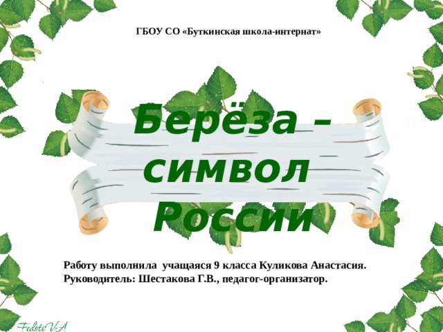ГБОУ СО «Буткинская школа-интернат»   Берёза – символ России   Работу выполнила учащаяся 9 класса Куликова Анастасия.  Руководитель: Шестакова Г.В., педагог-организатор. 