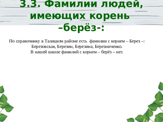 3.3. Фамилии людей, имеющих корень  –берёз-: По справочнику в Талицком районе есть фамилии с корнем – Берез –: Березовская, Березин, Березина, Березниченко. В нашей школе фамилий с корнем – берёз – нет. 