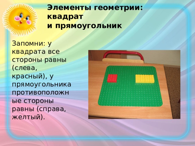 Элементы геометрии: квадрат  и прямоугольник Запомни: у квадрата все стороны равны (слева, красный), у прямоугольника противоположные стороны равны (справа, желтый). 