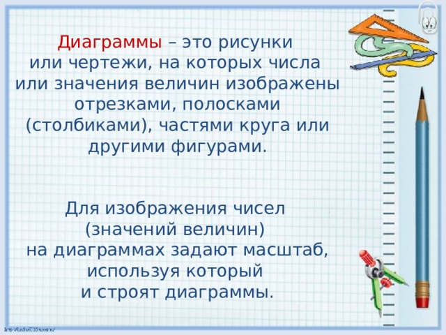 Диаграммы – это рисунки или чертежи, на которых числа или значения величин изображены отрезками, полосками (столбиками), частями круга или другими фигурами. Для изображения чисел (значений величин) на диаграммах задают масштаб, используя который и строят диаграммы.