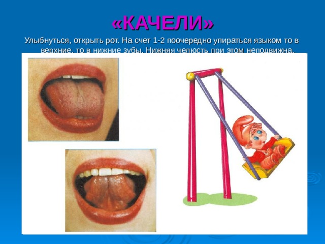 «КАЧЕЛИ» Улыбнуться, открыть рот. На счет 1-2 поочередно упираться языком то в верхние, то в нижние зубы. Нижняя челюсть при этом неподвижна. 