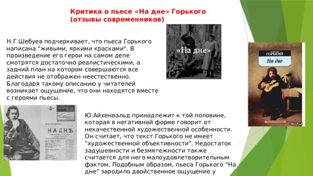 Критика о пьесе «На дне» Горького (отзывы современников) Н.Г.Шебуев подчеркивает, что пьеса Горького написана 