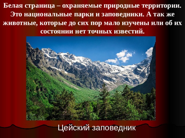 Белая страница – охраняемые природные территории. Это национальные парки и заповедники. А так же животные, которые до сих пор мало изучены или об их состоянии нет точных известий. Цейский  заповедник 