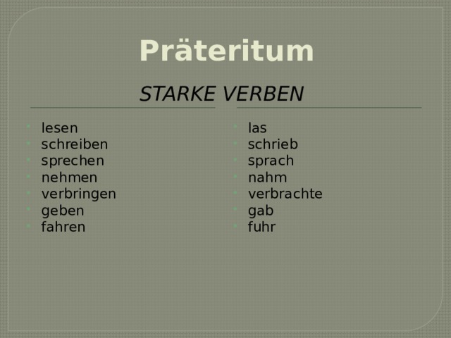 Präteritum Starke Verben lesen schreiben sprechen nehmen verbringen geben fahren las schrieb sprach nahm verbrachte gab fuhr 