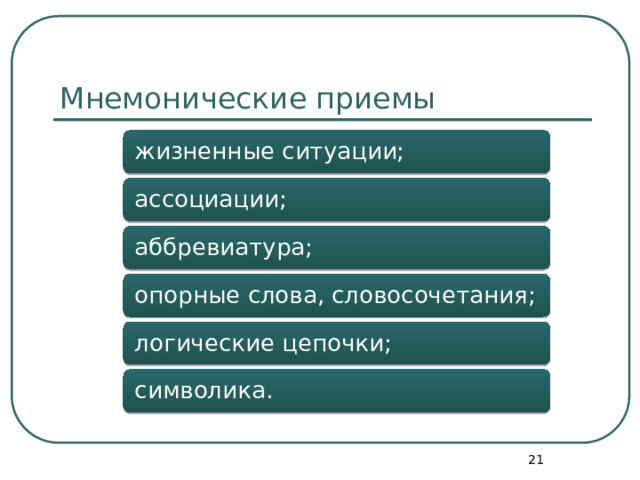 Мнемонические приемы жизненные ситуации; ассоциации; аббревиатура; опорные слова, словосочетания; логические цепочки; символика.  