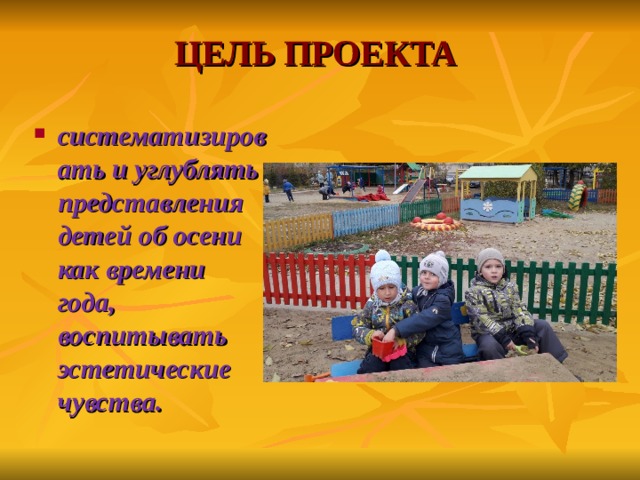 ЦЕЛЬ ПРОЕКТА  систематизировать и углублять представления детей об осени как времени года, воспитывать эстетические чувства. 