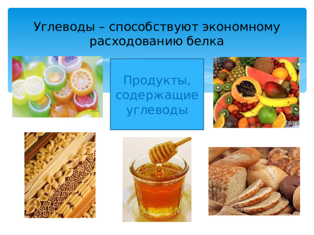 Углеводы – способствуют экономному расходованию белка Продукты, содержащие углеводы 