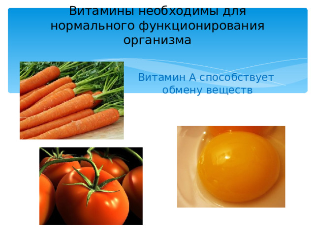 Витамины необходимы для нормального функционирования организма   Витамин А способствует  обмену веществ 